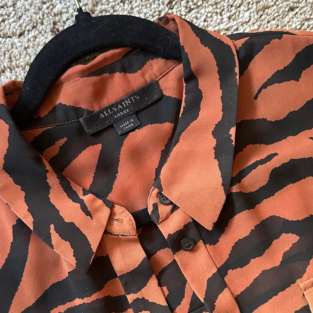 All Saints Black and Brown zebra print chiffon Button Down Shirt